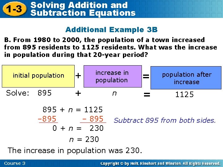 Solving Addition and 1 -3 Subtraction Equations Additional Example 3 B B. From 1980