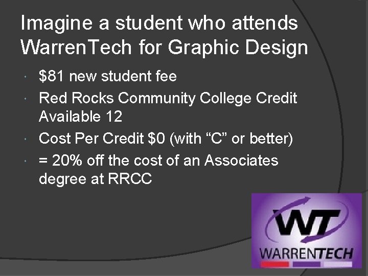Imagine a student who attends Warren. Tech for Graphic Design $81 new student fee