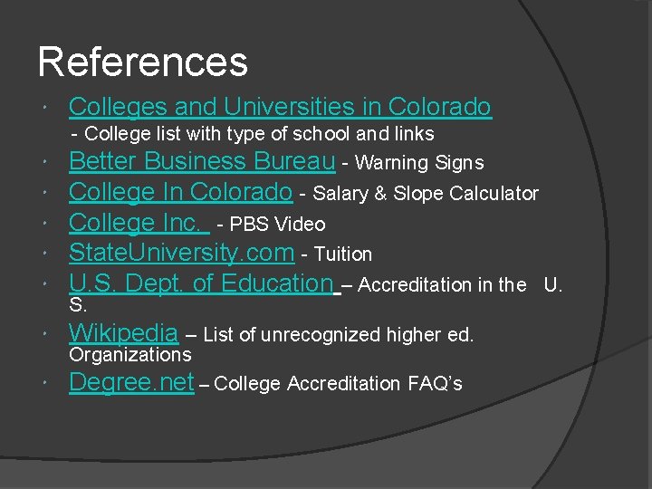 References Colleges and Universities in Colorado - College list with type of school and