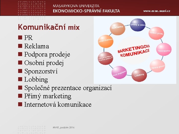 www. econ. muni. cz Komunikační mix n PR n Reklama n Podpora prodeje n