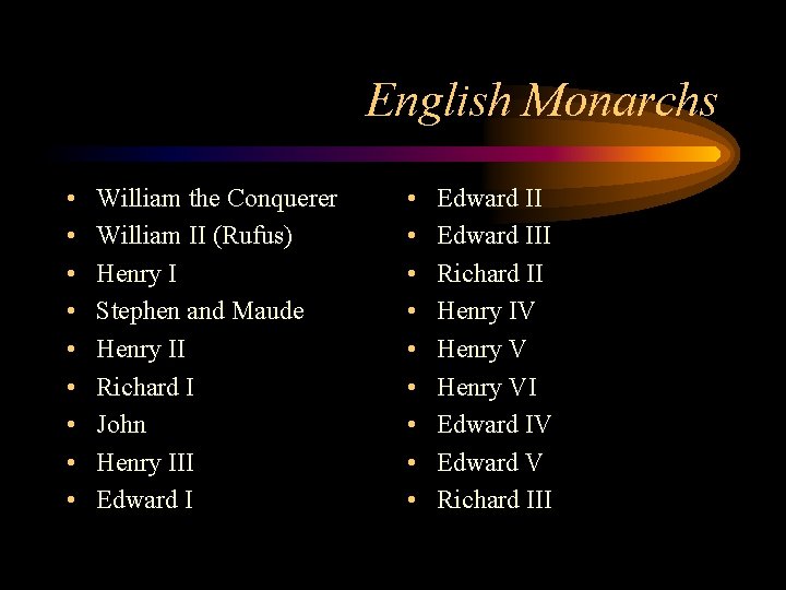 English Monarchs • • • William the Conquerer William II (Rufus) Henry I Stephen