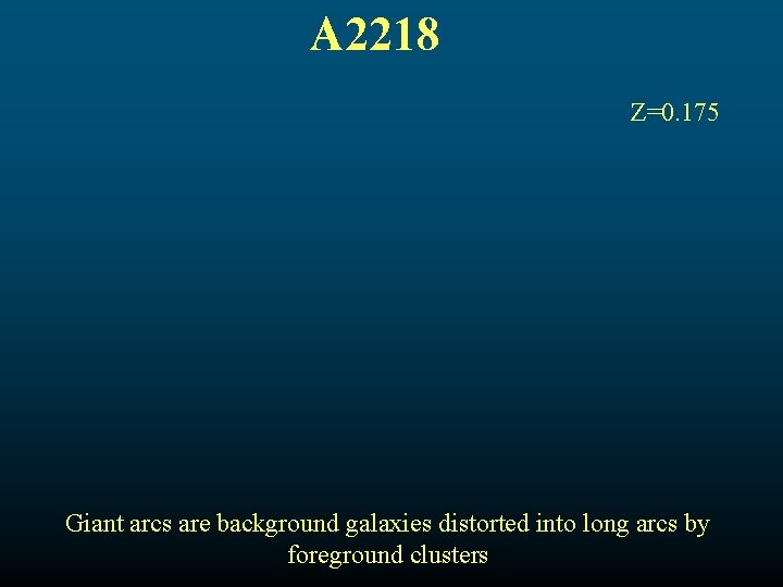 A 2218 Z=0. 175 Giant arcs are background galaxies distorted into long arcs by