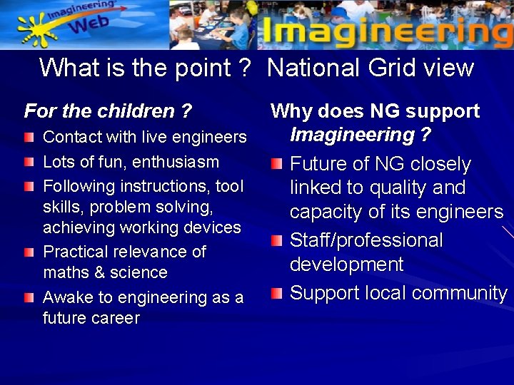 What is the point ? National Grid view For the children ? Contact with