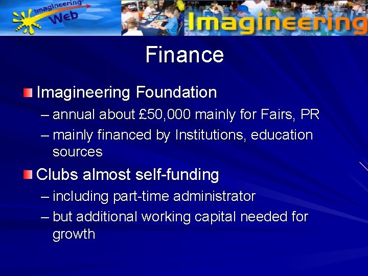 Finance Imagineering Foundation – annual about £ 50, 000 mainly for Fairs, PR –