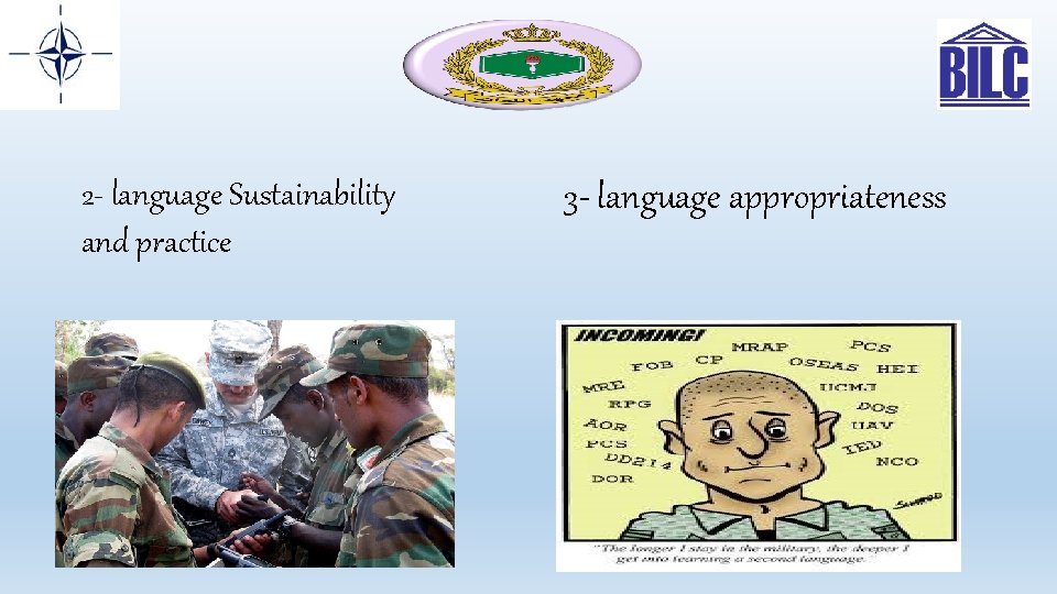 2 - language Sustainability and practice 3 - language appropriateness 