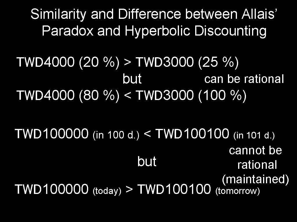 Similarity and Difference between Allais’ Paradox and Hyperbolic Discounting TWD 4000 (20 %) >