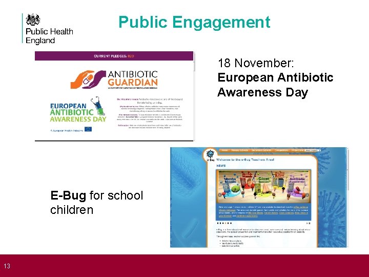 Public Engagement 18 November: European Antibiotic Awareness Day E-Bug for school children 13 