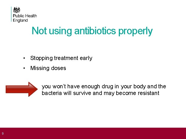 Not using antibiotics properly • Stopping treatment early • Missing doses you won’t have