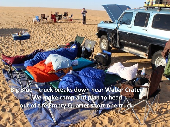 Big Blue – truck breaks down near Wabar Crater. We make camp and plan