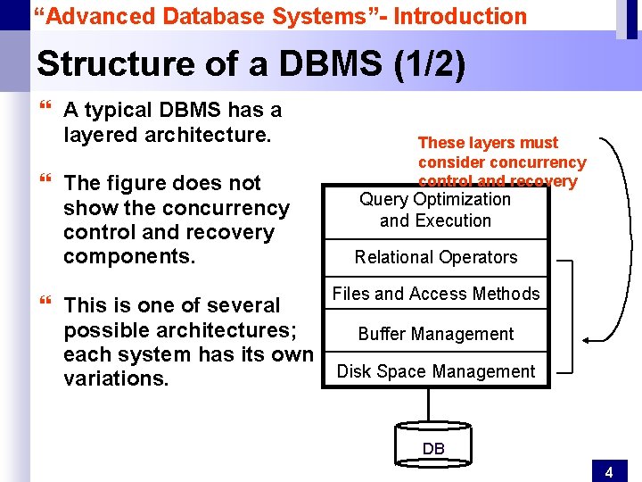 “Advanced Database Systems”- Introduction Structure of a DBMS (1/2) } A typical DBMS has