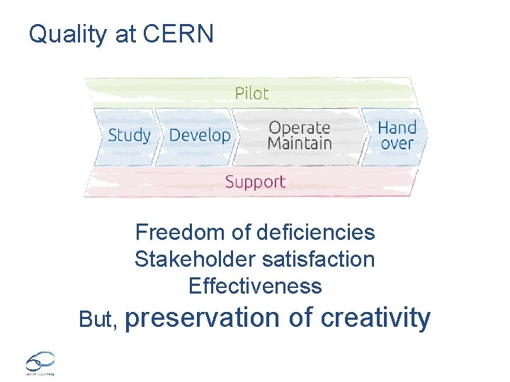 Quality at CERN Freedom of deficiencies Stakeholder satisfaction Effectiveness But, preservation of creativity 