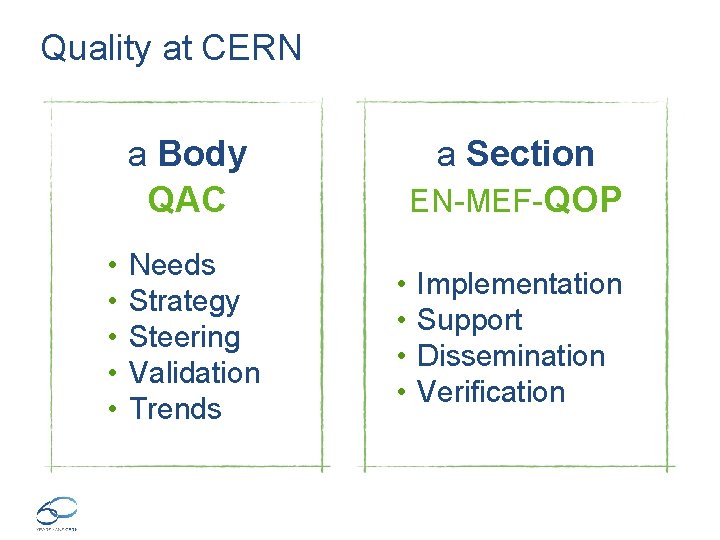 Quality at CERN a Body QAC • • • Needs Strategy Steering Validation Trends
