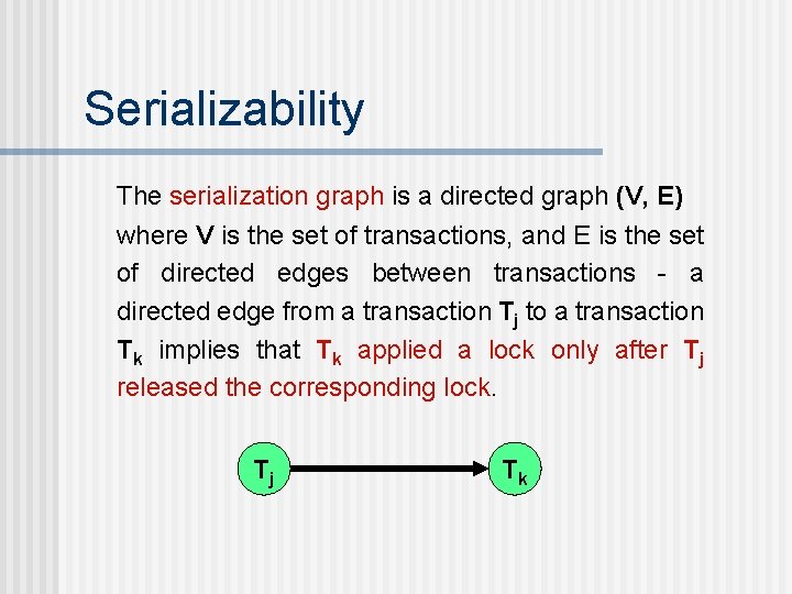 Serializability The serialization graph is a directed graph (V, E) where V is the