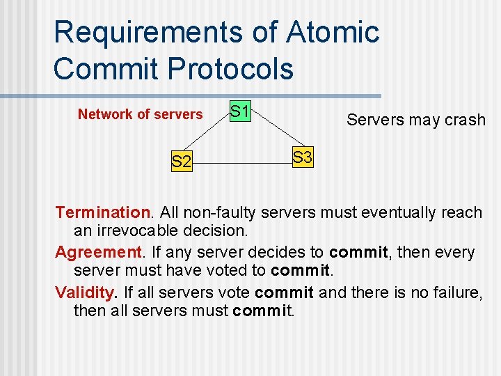 Requirements of Atomic Commit Protocols Network of servers S 2 S 1 Servers may