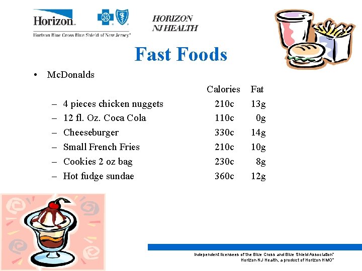Fast Foods • Mc. Donalds – – – 4 pieces chicken nuggets 12 fl.