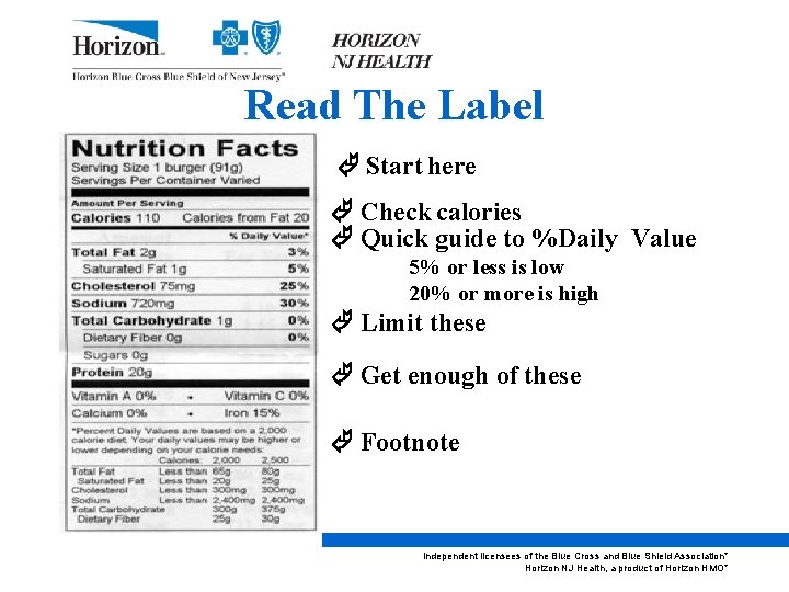 Read The Label Start here Check calories Quick guide to %Daily Value 5% or