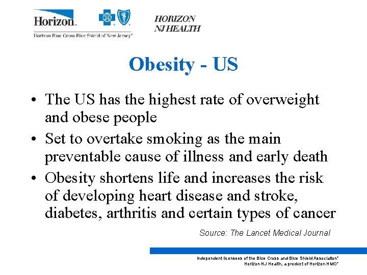 Obesity - US • The US has the highest rate of overweight and obese