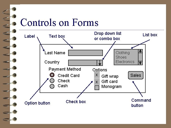 Controls on Forms Label Drop down list or combo box Text box Last Name