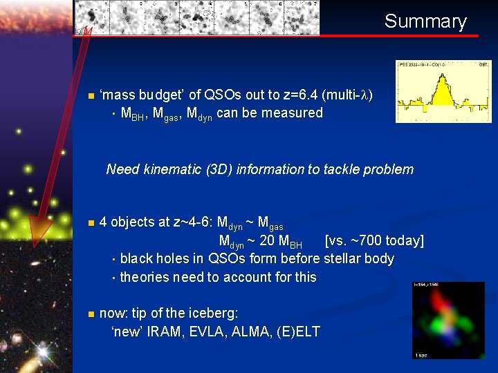 Summary n ‘mass budget’ of QSOs out to z=6. 4 (multi- ) • MBH,