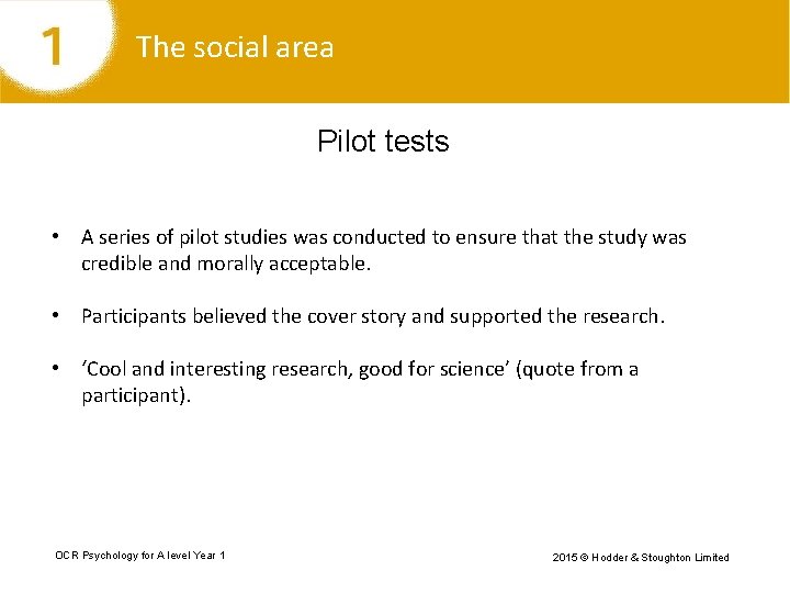 The social area Pilot tests • A series of pilot studies was conducted to