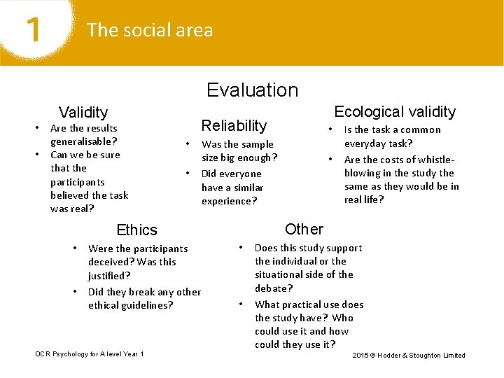 The social area Evaluation Validity • • Are the results generalisable? Can we be