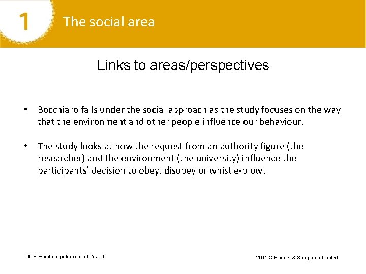 The social area Links to areas/perspectives • Bocchiaro falls under the social approach as