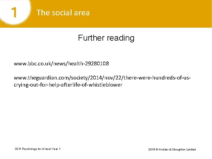 The social area Further reading www. bbc. co. uk/news/health-29280108 www. theguardian. com/society/2014/nov/22/there-were-hundreds-of-uscrying-out-for-help-afterlife-of-whistleblower OCR Psychology