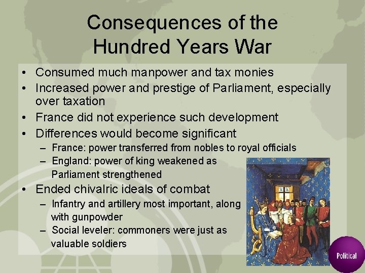 Consequences of the Hundred Years War • Consumed much manpower and tax monies •