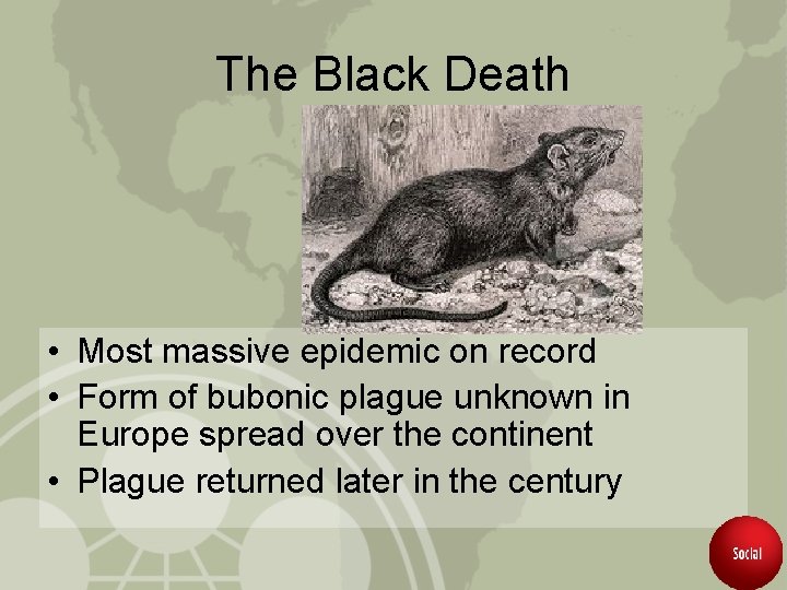 The Black Death • Most massive epidemic on record • Form of bubonic plague