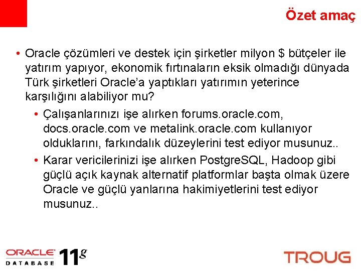 Özet amaç • Oracle çözümleri ve destek için şirketler milyon $ bütçeler ile yatırım