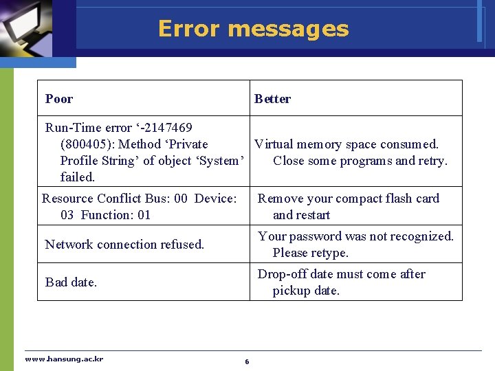 Error messages Poor Better Run-Time error ‘-2147469 Virtual memory space consumed. (800405): Method ‘Private