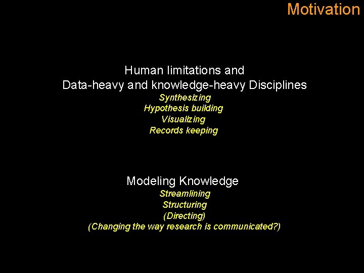 Motivation Human limitations and Data-heavy and knowledge-heavy Disciplines Synthesizing Hypothesis building Visualizing Records keeping