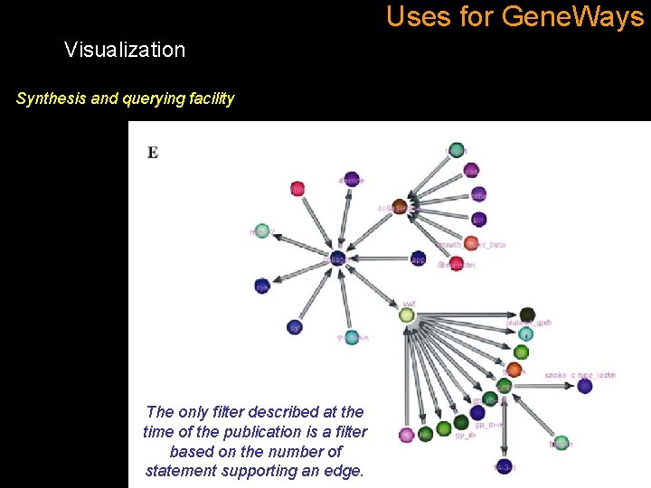 Uses for Gene. Ways Visualization Synthesis and querying facility The only filter described at