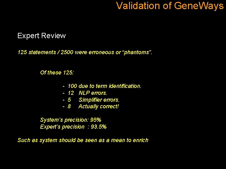 Validation of Gene. Ways Expert Review 125 statements / 2500 were erroneous or “phantoms”.