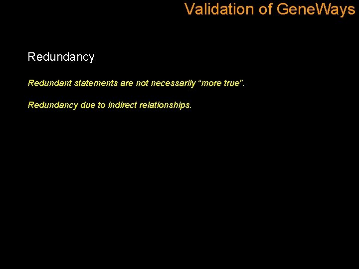 Validation of Gene. Ways Redundancy Redundant statements are not necessarily “more true”. Redundancy due