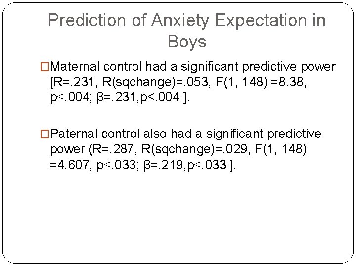 Prediction of Anxiety Expectation in Boys �Maternal control had a significant predictive power [R=.
