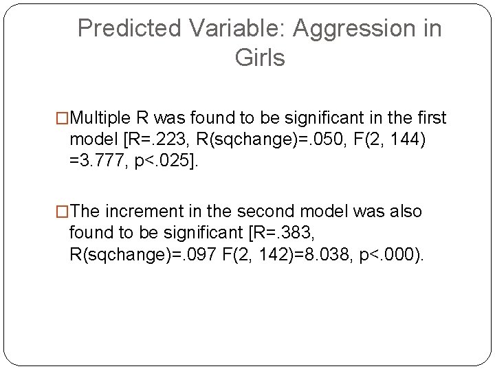 Predicted Variable: Aggression in Girls �Multiple R was found to be significant in the