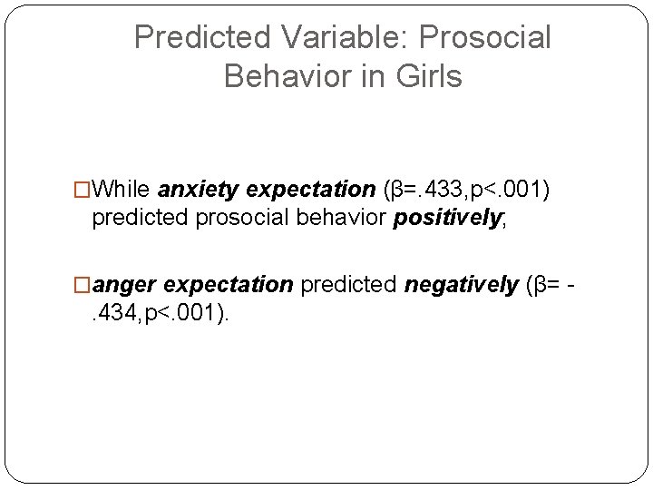 Predicted Variable: Prosocial Behavior in Girls �While anxiety expectation (β=. 433, p<. 001) predicted