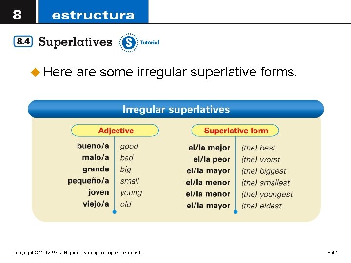 u Here are some irregular superlative forms. Copyright © 2012 Vista Higher Learning. All