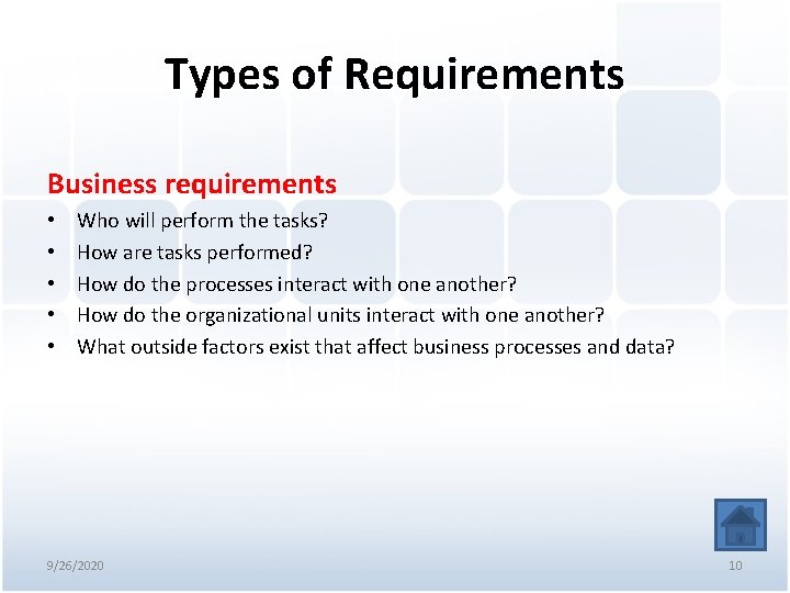 Types of Requirements Business requirements • • • Who will perform the tasks? How