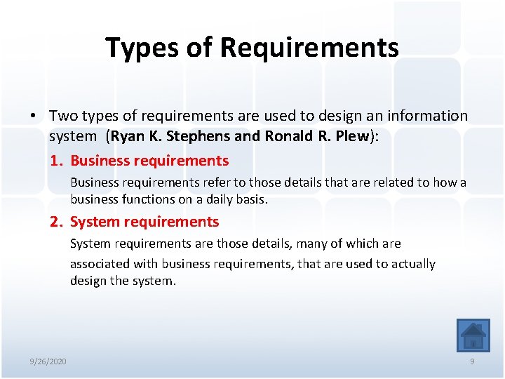 Types of Requirements • Two types of requirements are used to design an information