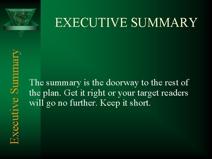 Executive Summary EXECUTIVE SUMMARY The summary is the doorway to the rest of the