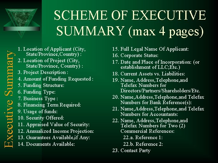 Executive Summary SCHEME OF EXECUTIVE SUMMARY (max 4 pages) 1. Location of Applicant (City,