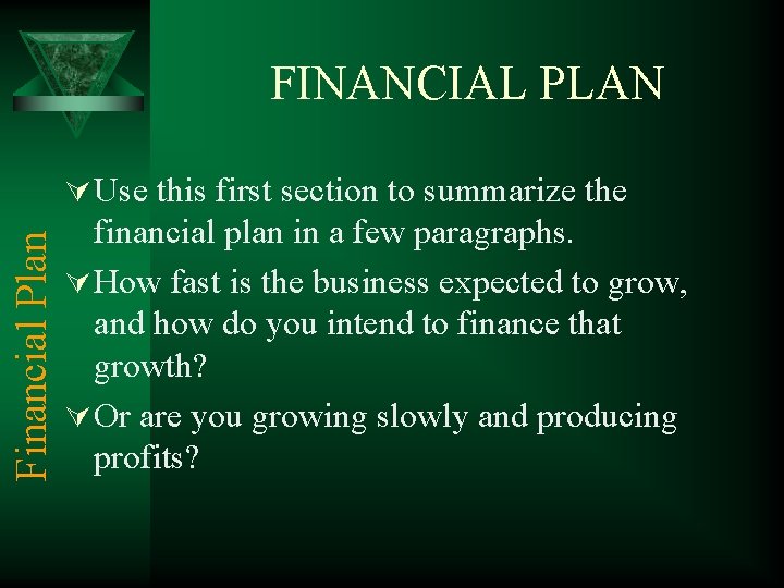 FINANCIAL PLAN Financial Plan Ú Use this first section to summarize the financial plan