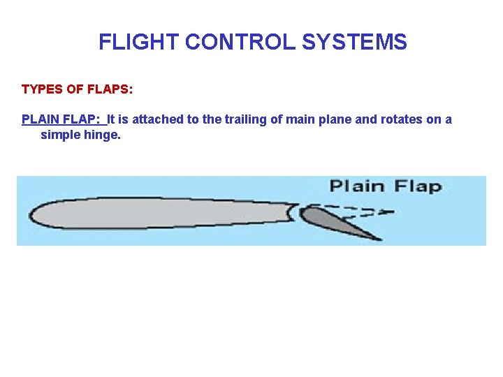 FLIGHT CONTROL SYSTEMS TYPES OF FLAPS: PLAIN FLAP: It is attached to the trailing