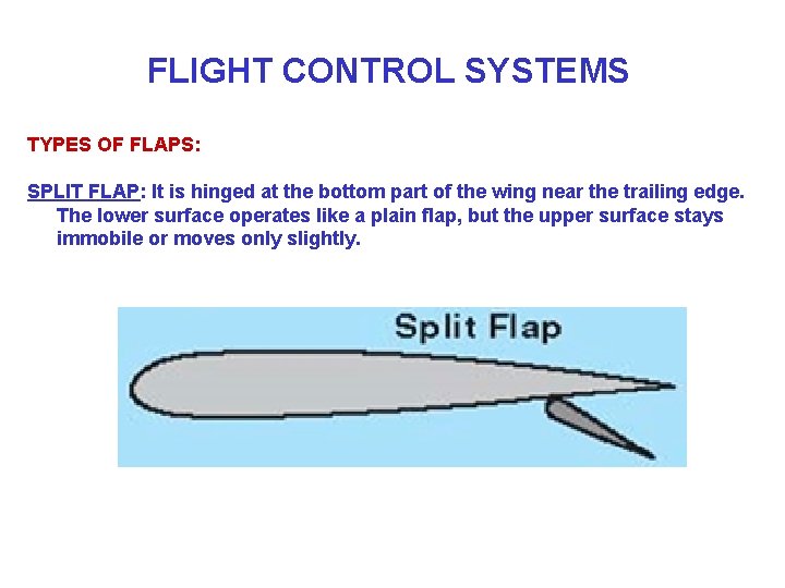 FLIGHT CONTROL SYSTEMS TYPES OF FLAPS: SPLIT FLAP: It is hinged at the bottom