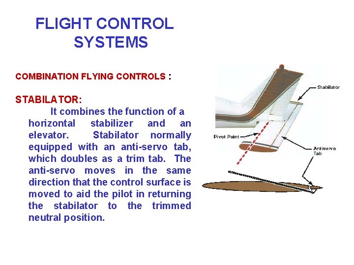 FLIGHT CONTROL SYSTEMS COMBINATION FLYING CONTROLS : STABILATOR: It combines the function of a
