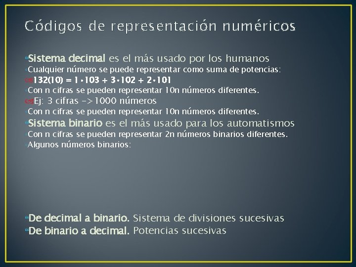 Códigos de representación numéricos Sistema decimal es el más usado por los humanos ◦Cualquier
