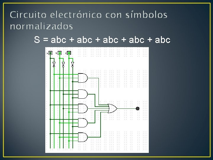 Circuito electrónico con símbolos normalizados S = abc + abc 