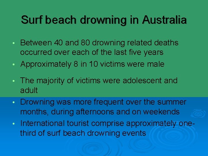 Surf beach drowning in Australia Between 40 and 80 drowning related deaths occurred over